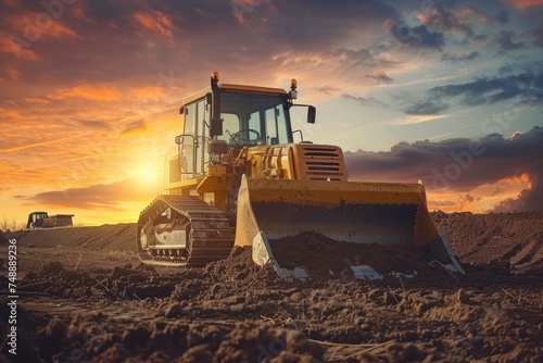 Bulldozer on a construction site at sunset