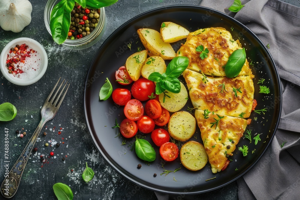 Healthy breakfast food, stuffed egg omelette with vegetable Healthy breakfast food, stuffed egg omelette with vegetable
