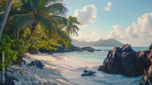 Tropical beach paradise with lush foliage