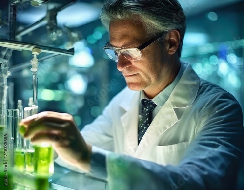 Scientific Inquiry: Man in Lab Coat Engaged with Green Liquid Experiment