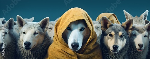 Deceptive wolf appears as sheep among flock wearing woolen attire blend in. Concept Animal behavior, Predatory strategies, Camouflage techniques, Survival instincts, Sheep in wolf's clothing