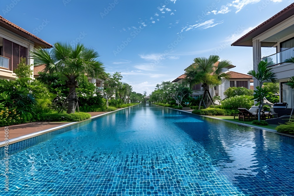 Outdoor swimming pool at a luxury resort in Southeast Asia in summer