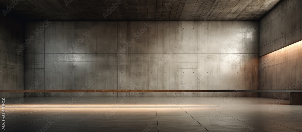 An empty room with dark concrete walls and a single bench against one wall. The space is minimalistic and industrial, with a simple design featuring clean lines and stark contrasts. An empty room with dark concrete walls and a single bench against one wall. The space is minimalistic and industrial, with a simple design featuring clean lines and stark contrasts.