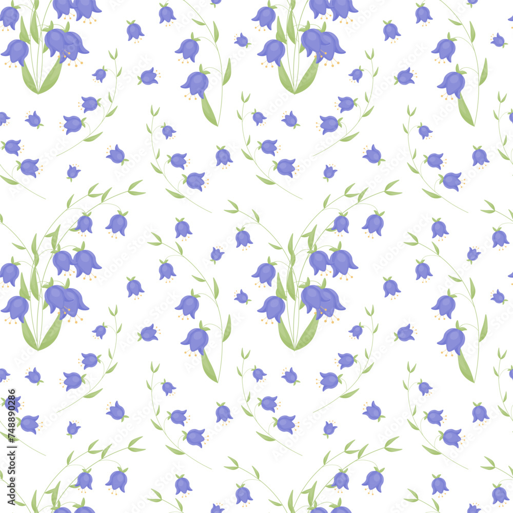 Naklejka premium Vector seamless pattern with bell flowers on white background. Flat vector illustration