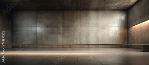 An empty room with dark concrete walls and a single bench against one wall. The space is minimalistic and industrial, with a simple design featuring clean lines and stark contrasts.