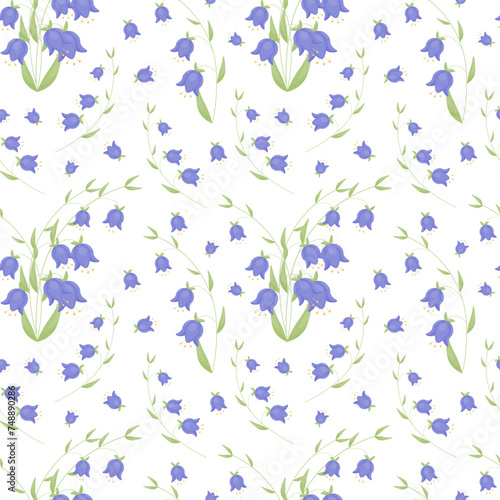 Vector seamless pattern with bell flowers on white background. Flat vector illustration