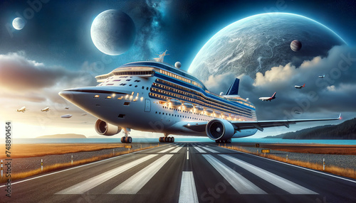 A surreal  AI-generated depiction of a fantastical scene where a cruise ship seamlessly integrates as part of an airplane on a runway  under a cosmic sky with multiple moons and other airplanes.
