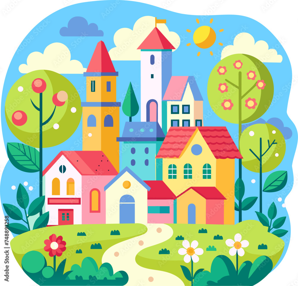 Cartoon cityscape roofs houses with trees and school illustration for Alphabet Books for Teaching Letters, title page for kids cover learning books, modern design school posters with colorful letters 