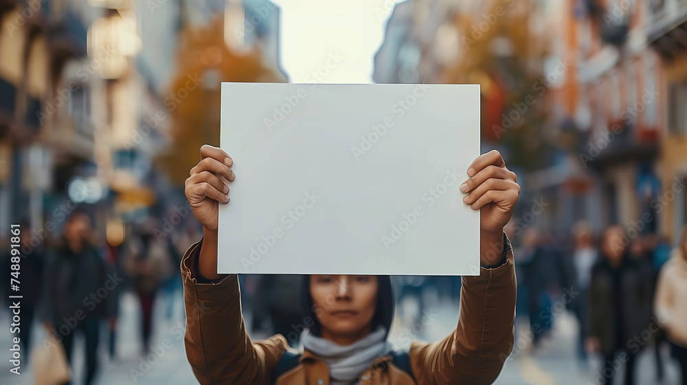 black hands holding rectangular blank white paper board at a protest, minimalistic editorial mockup black hands holding rectangular blank white paper board at a protest, minimalistic editorial mockup