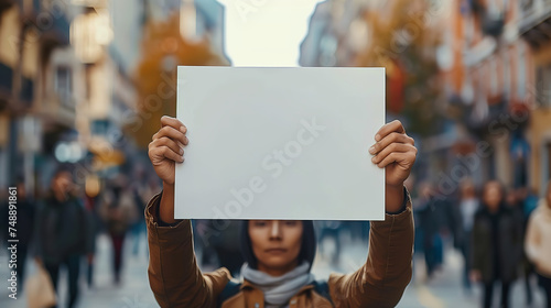 black hands holding rectangular blank white paper board at a protest, minimalistic editorial mockup © Nate