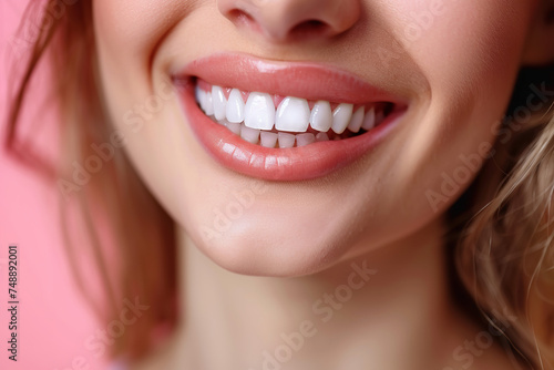 Charming female smile with white teeth in braces, copy space, photo-realistic