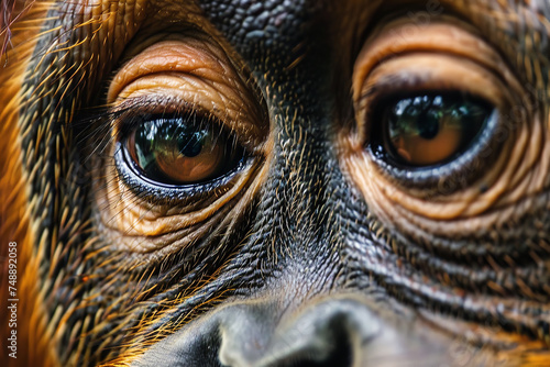 close up of orangutan eyes, photo realism, Super macro photography