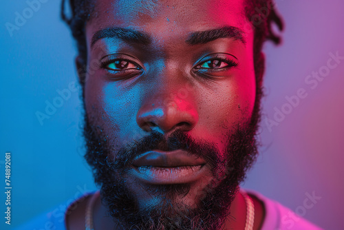 Close-up portrait of young bearded a African American man against a background of neon blue violet light