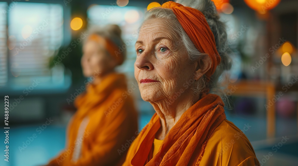 elderly women yoga in a studio