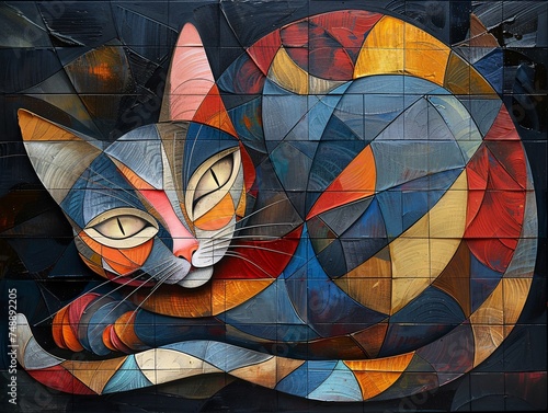 A painting of a colorful, abstract cat curled up on a segmented, textured surface