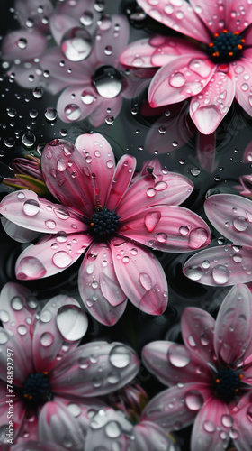 elegant pink and white flowers and water droplets. Dark theme © Nate