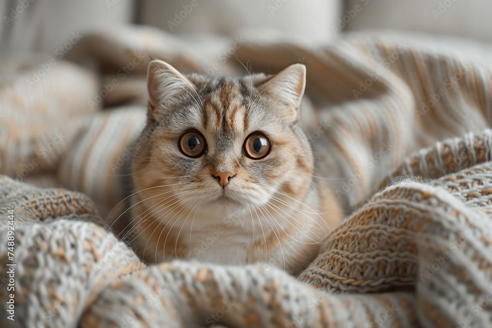 Fototapeta premium Magazine photography style of a tri-colored Scottish Fold with a delightfully chubby and round face