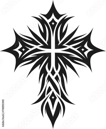 gothic cross in modern tribal tattoo  abstract line art  minimalist contour 