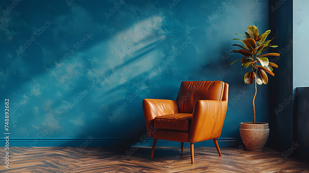 Fototapeta premium Free copy space for text, Modern interior of living room with leather armchair on wood flooring and dark blue wall