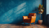Free copy space for text, Modern interior of living room with leather armchair on wood flooring and dark blue wall