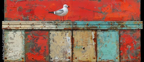 a seagull sitting on top of a rusted metal rail against a red, blue, and green wall.