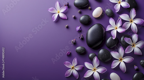 Free copy space for text, Flat lay composition with black spa stones and luxurious flowers isolated on purple background with space for text