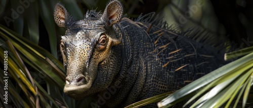 a close up of a hippopotamus looking at the camera with a plant in the foreground and palm leaves in the background.