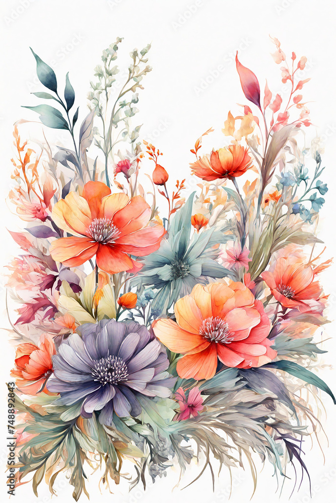 Greeting card with watercolor flowers. Hand-drawn illustration.
