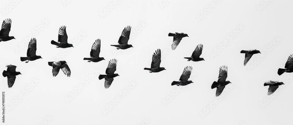 a flock of black birds flying through a white sky next to a flock of black birds flying in the air.