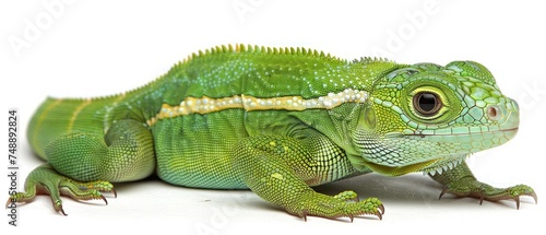 a close up of a green lizard on a white background with a blurry image of the lizard's head. photo