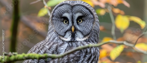 a close up of an owl sitting on a tree branch with leaves in the background and a blurry background. photo