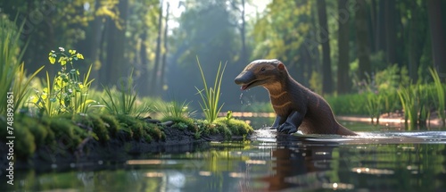 a dinosaur is sitting in the water and looking at something in it's mouth while standing on the edge of a body of water. photo