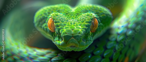 a close - up of a green snake's head with a heart shaped pattern on it's body.