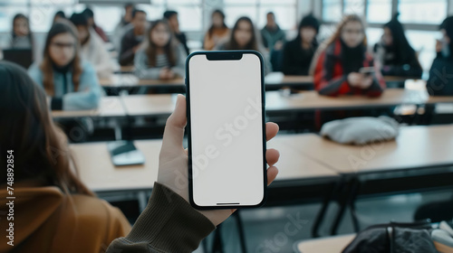 product still, a hand holding smartphone in the university classroom full of students, blank white screen