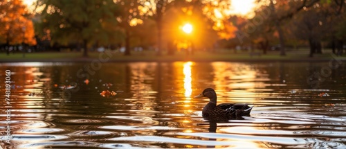a duck floating on top of a body of water near a lush green tree filled park under a bright sun. photo