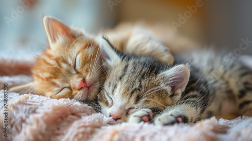 Two kittens are lying and sleeping in embrace