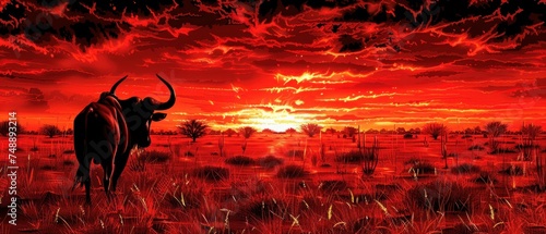 a painting of a bull standing in the middle of a field with the sun setting in the sky behind it. photo