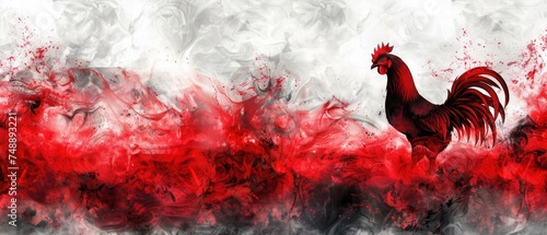 a painting of a rooster standing in front of a red and white background with a black rooster standing in front of a red and white background. photo