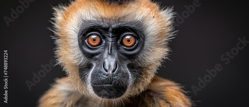 a close up of a monkey's face with an orange - eyed look on it's left eye. photo