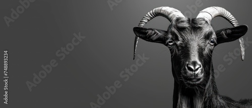 a black and white photo of a goat's head with very long horns and curved horns on it's head.