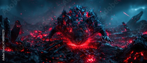 a computer generated image of a demonic creature surrounded by red and blue lava and lava rocks, with a dark sky in the background. © Jevjenijs
