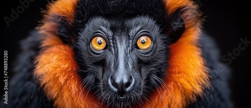 a close up of a monkey's face with an orange and black fur around it's neck and eyes.