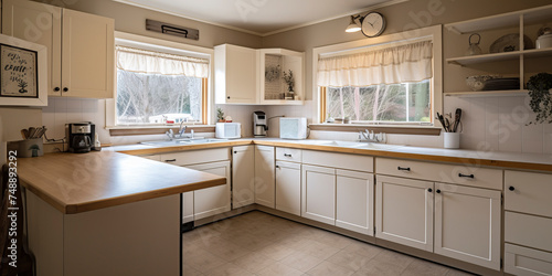 Empty kitchen in white and gray with large windows