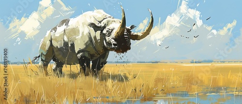 a painting of a bull standing in a field of tall grass with birds flying in the sky in the background.