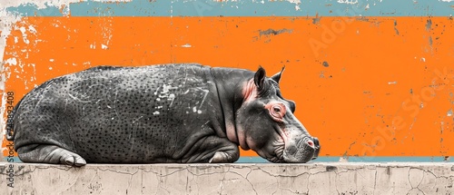 a hippopotamus resting on a concrete ledge in front of an orange and blue wall with peeling paint. photo