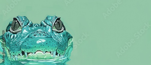 a painting of a blue alligator's head with its mouth open and eyes wide open, on a green background. photo