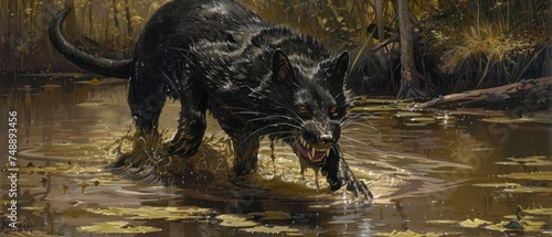 a painting of a black cat standing in a pond of water with its mouth open and it's tongue out. photo