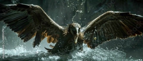 a large bird with it s wings spread out over a body of water with water splashing around it.