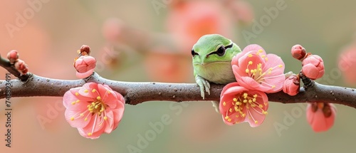 a small green bird sitting on a branch of a tree with pink flowers in the foreground and a blurry background.