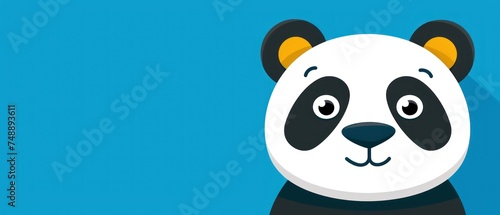 a panda bear with a black and white face on a blue background with a long shadow on the left side of the image.
